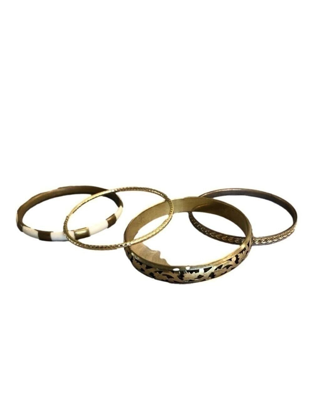 BANGLE bracelets lot of 4 gold tones costume jewelry wear together or separately